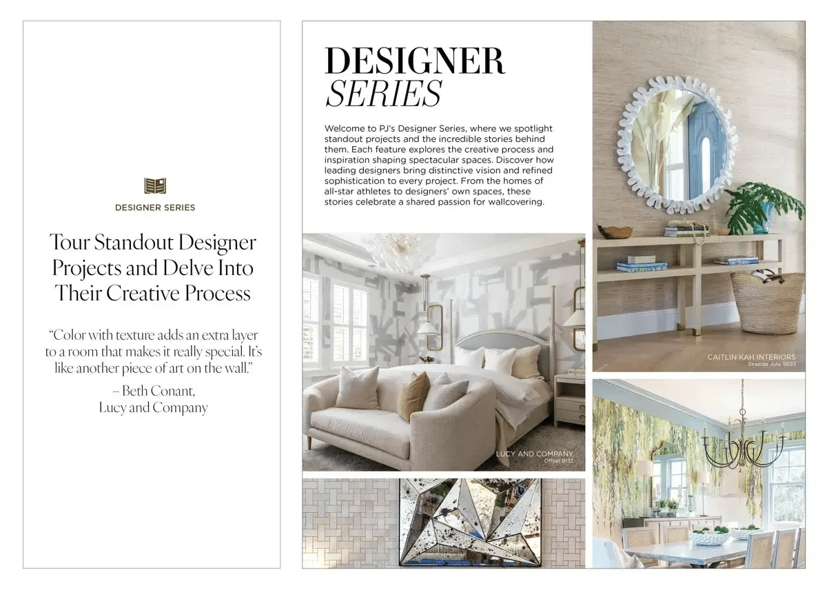 Two-page editorial spread titled 'DESIGNER SERIES.' The left page features a small book icon, the section label 'DESIGNER SERIES,' and a pull quote: 'Color with texture adds an extra layer to a room that makes it really special. It's like another piece of art on the wall.'