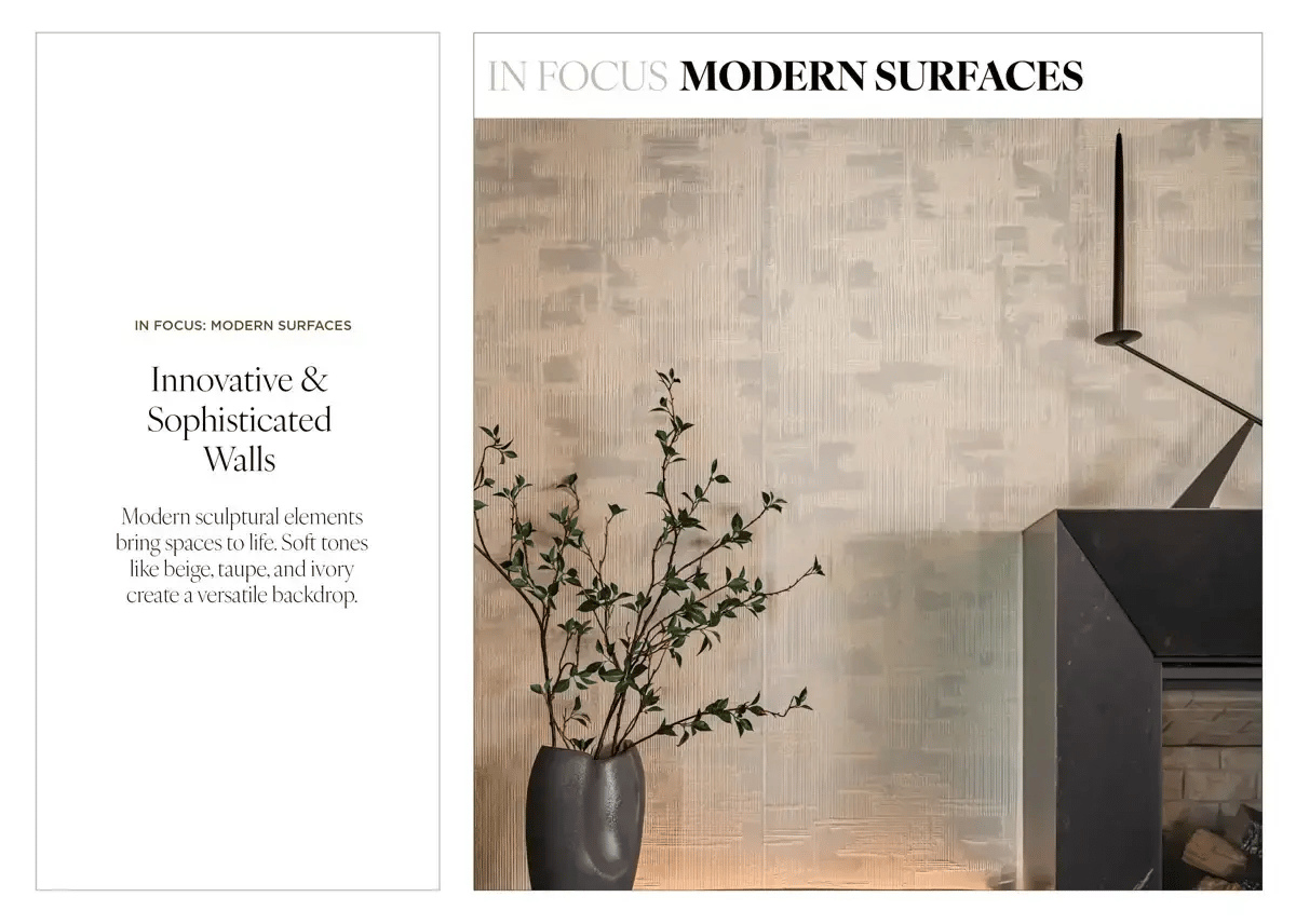 Two-page editorial spread titled 'IN FOCUS: MODERN SURFACES.' The left page features the section label and the caption: 'Modern sculptural elements bring spaces to life. Soft tones like beige, taupe, and ivory create a versatile backdrop.'