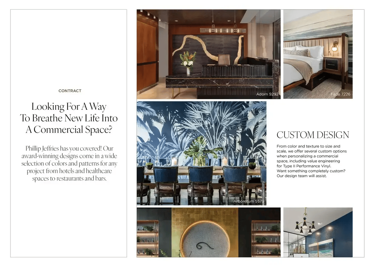 Two-page editorial spread for Phillip Jeffries' Contract collection. The left page features the section label 'CONTRACT,' a serif headline reading 'Looking For A Way To Breathe New Life Into A Commercial Space?'