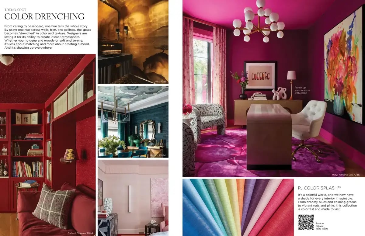 Two-page editorial spread titled 'TREND SPOT: COLOR DRENCHING.' Intro copy explains the trend of using one hue across walls, trim, and ceilings to create instant atmosphere.
